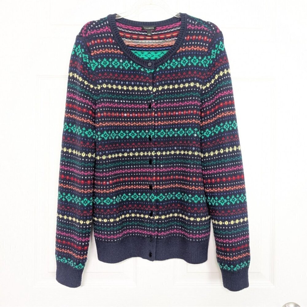 Talbots Cardigan Womens Size Large Blue Fair Isle Stripe Sequins Wool Blend Knit